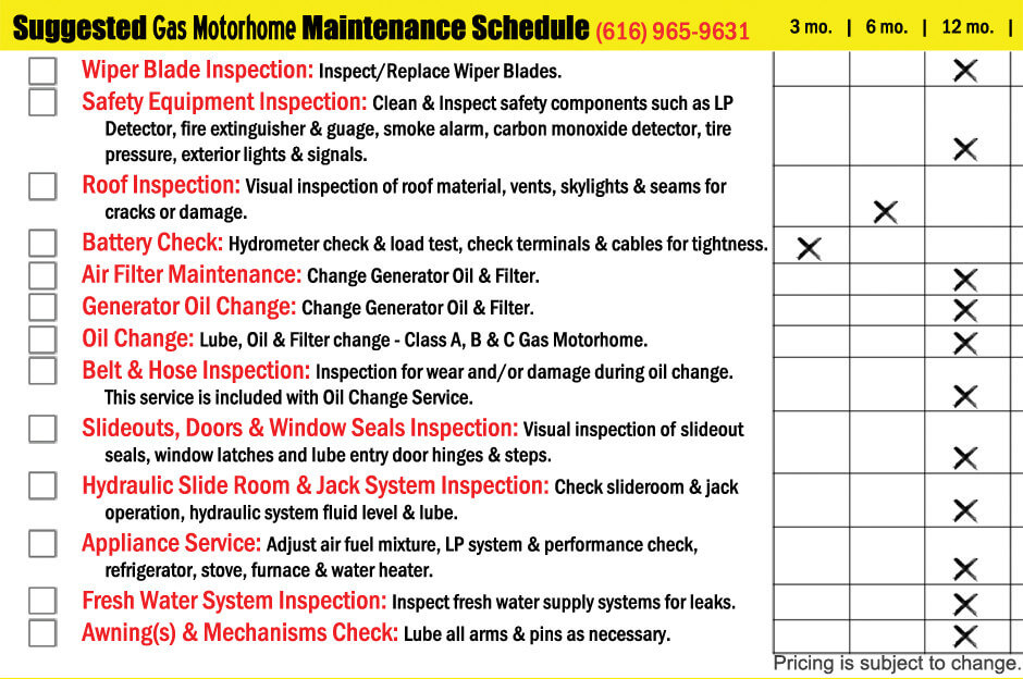 Suggested Gas Motorhome Maintenance Schedule